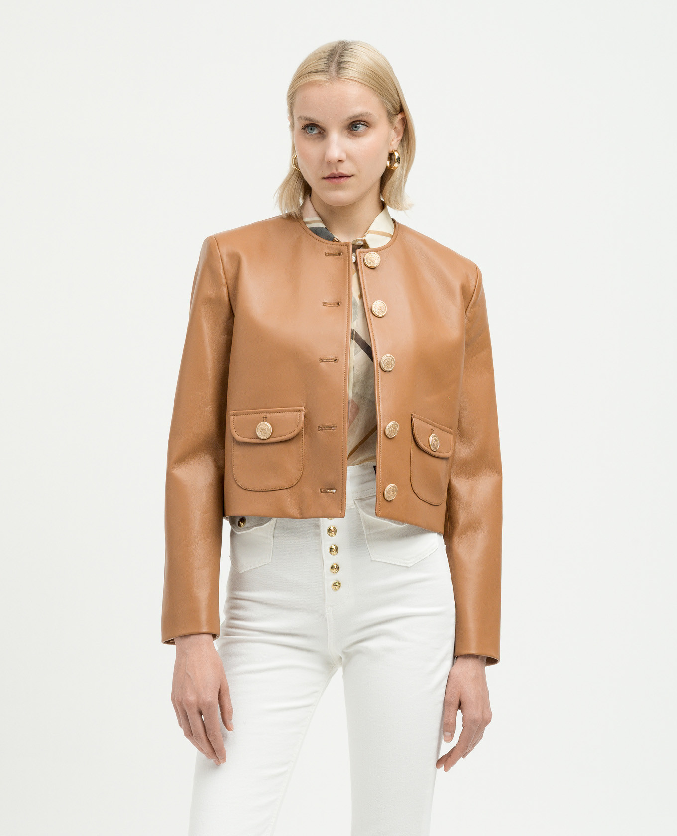 

Brown leather jacket with heraldic emblem Babe Pay Pls