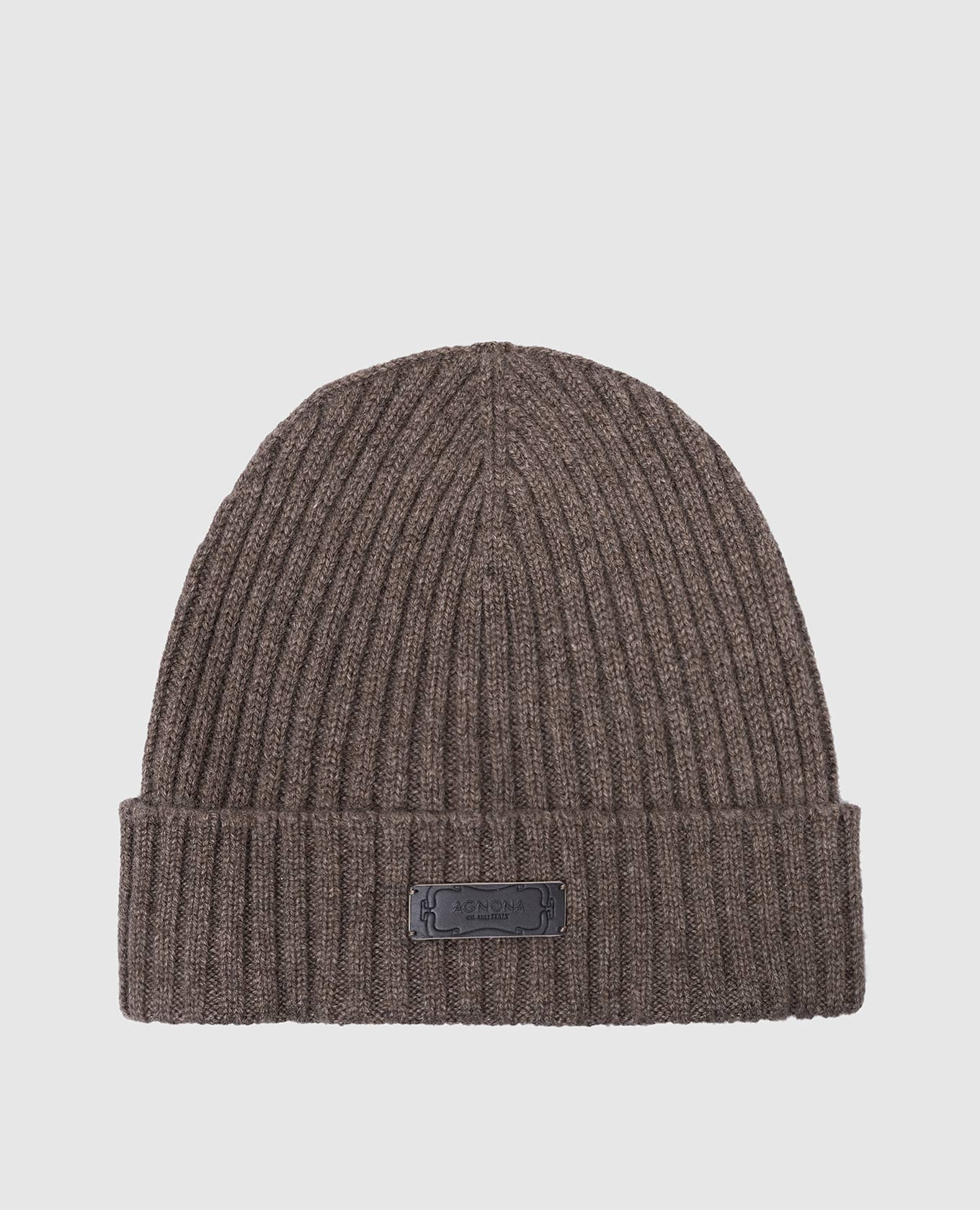 

Brown ribbed cashmere hat with logo patch Agnona