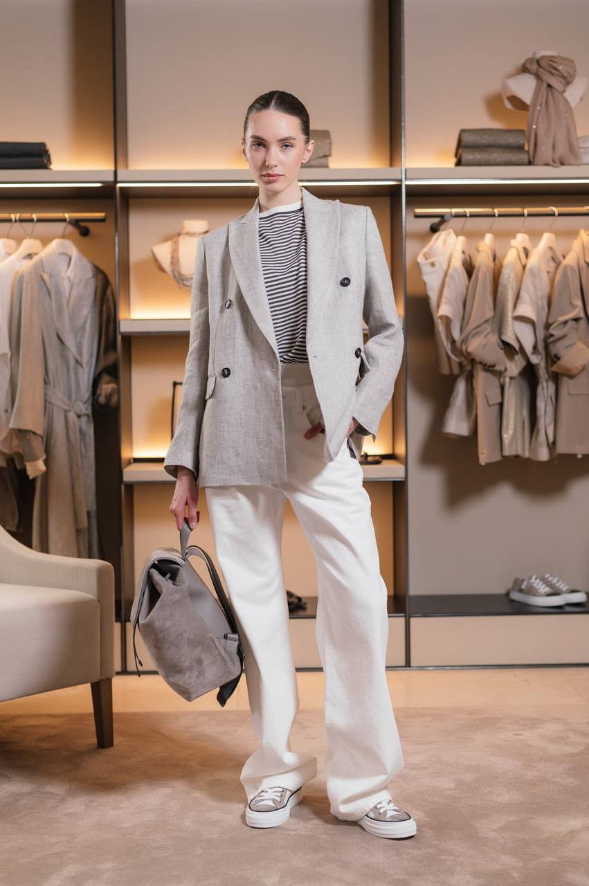 Gray double-breasted linen jacket with monil chain Brunello Cucinelli 6