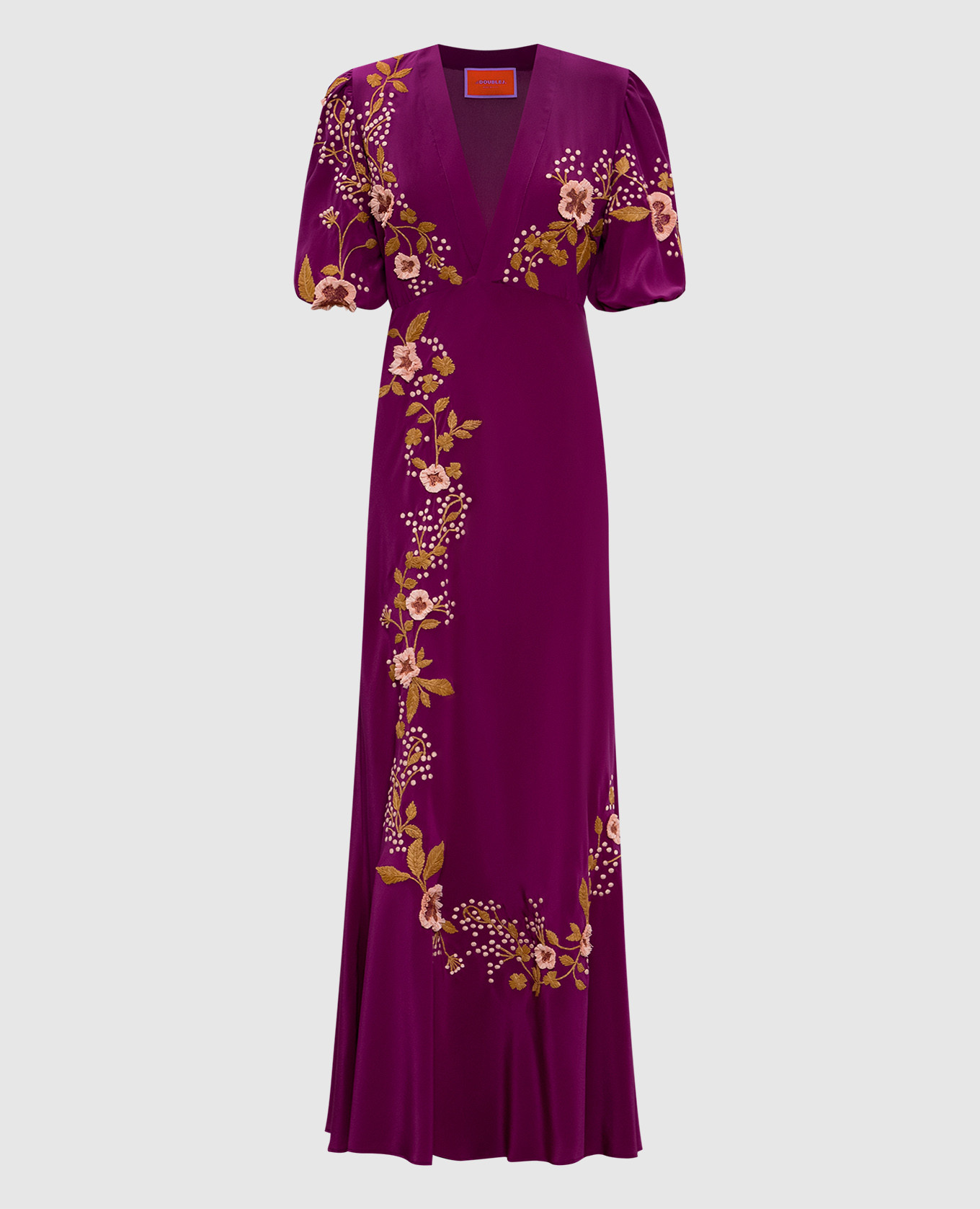 Purple silk maxi dress with floral applique La DoubleJ