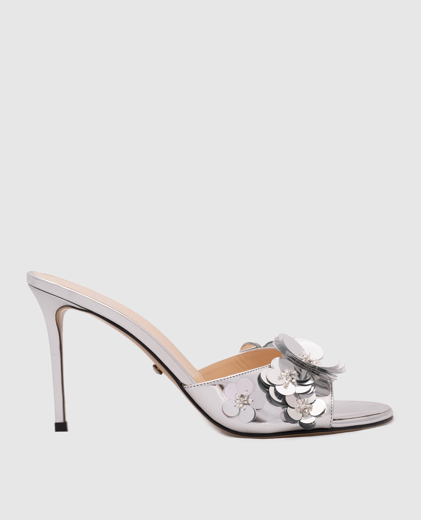 Sequin flower silver leather mules with appliqués in the form of flowers mach&mach