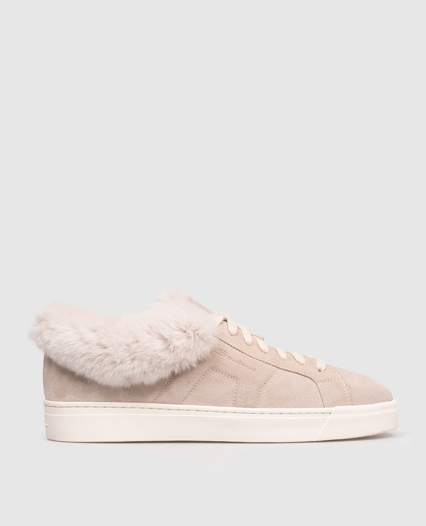 Beige suede sneakers with fur trim Santoni