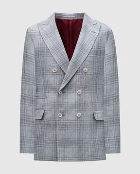Brunello Cucinelli Gray double-breasted checked linen, wool and silk jacket MR4877BPD