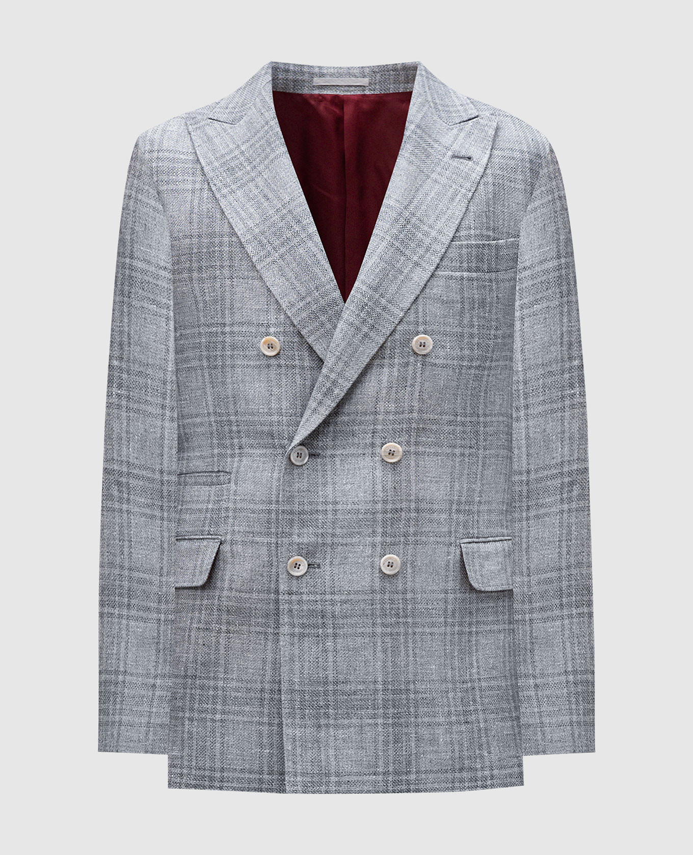 Gray double-breasted checked linen, wool and silk jacket Brunello Cucinelli