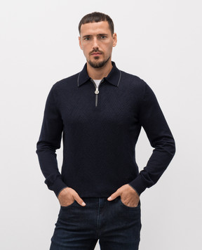 Stefano Ricci Blue cashmere and silk polo shirt with woven pattern K606399P30F25314