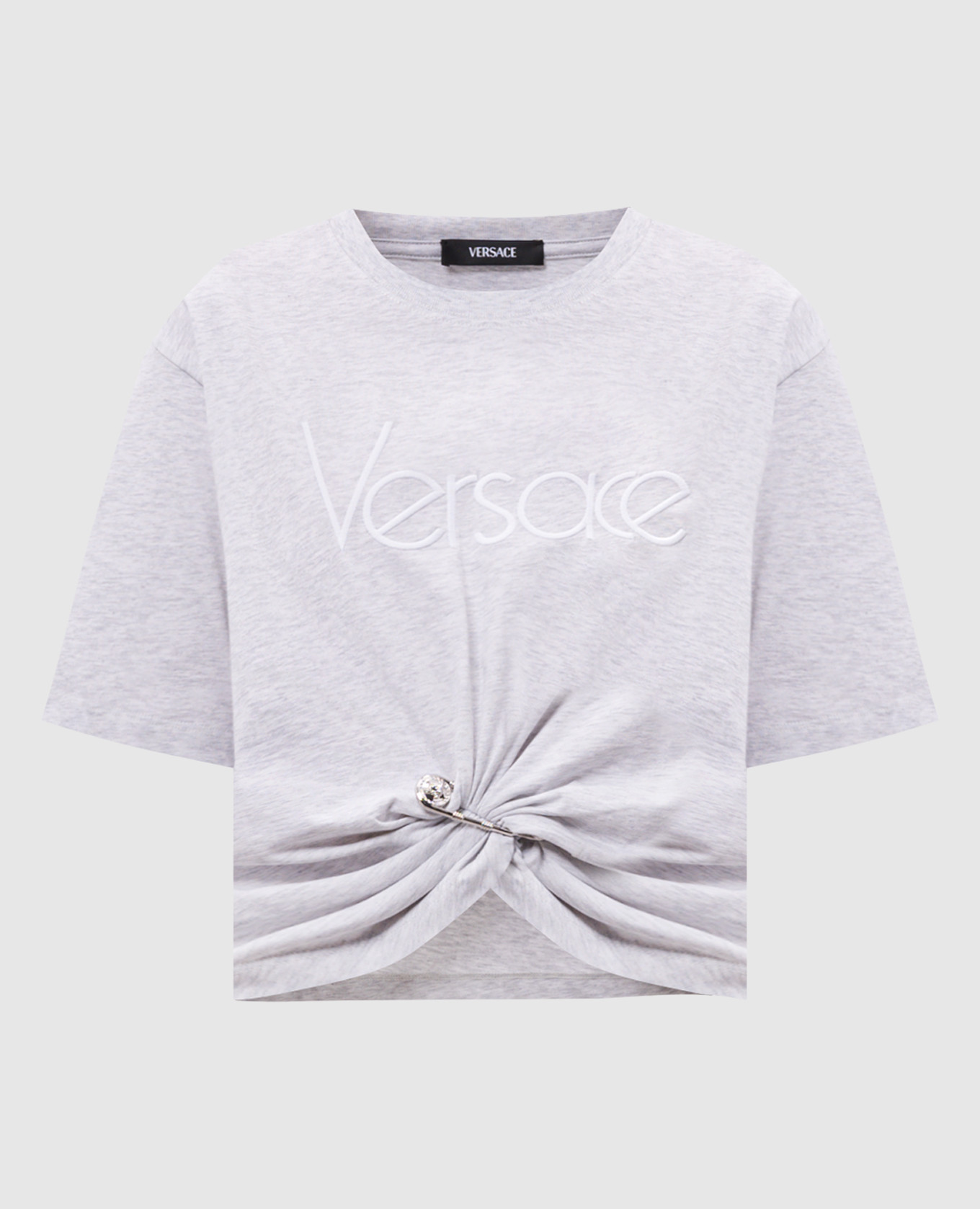 

Grey cropped T-shirt with logo and branded pin Versace