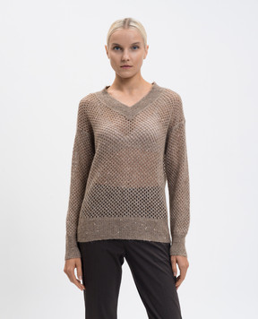 Brunello Cucinelli Beige openwork pullover with wool and sequins MPS732412P