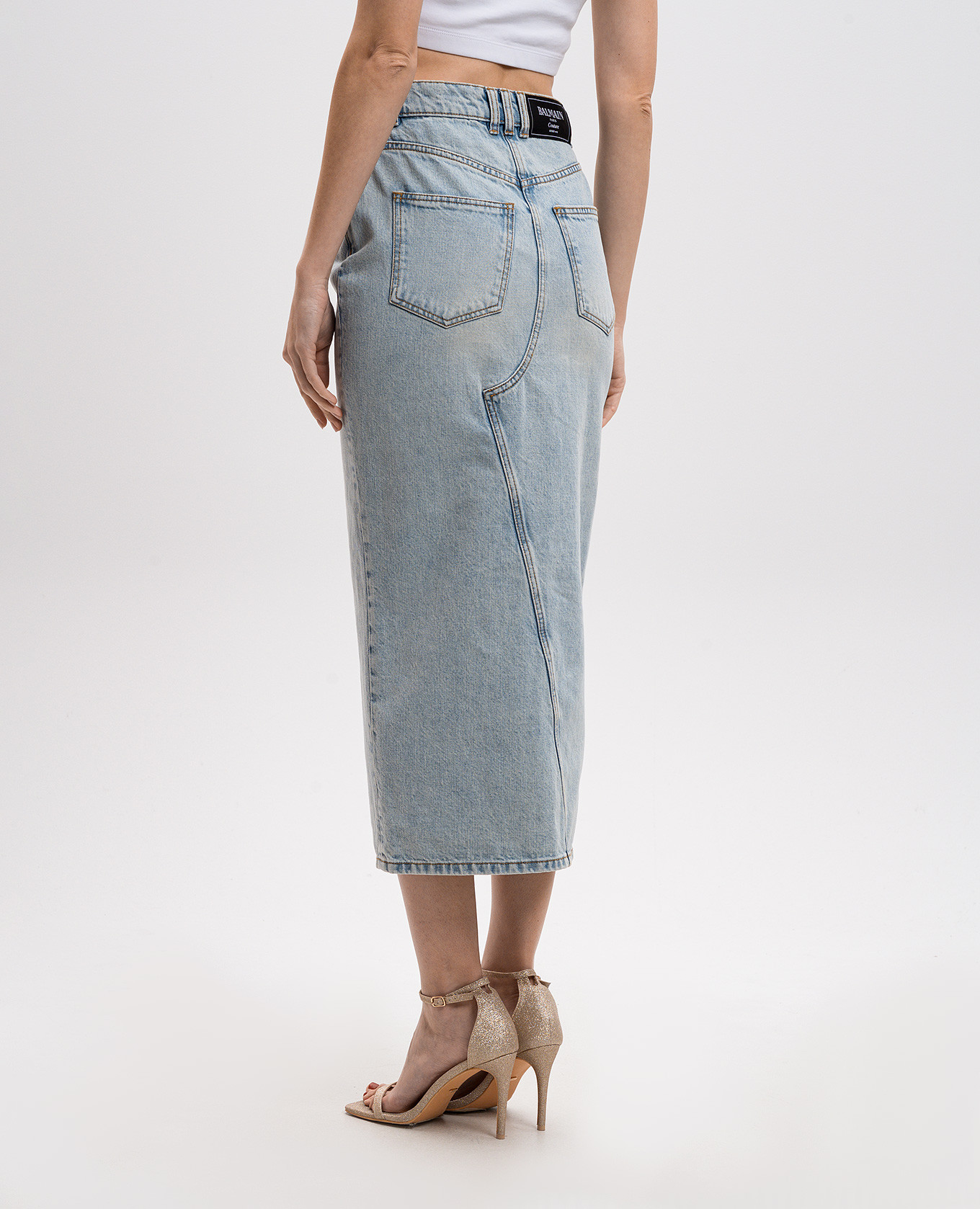 

Blue denim midi skirt with a figure-hugging neckline Balmain, Light blue
