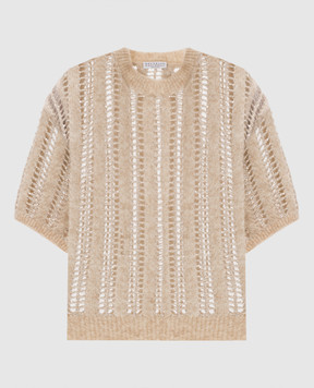 Brunello Cucinelli Beige openwork top made of wool with sequins MCM510600P