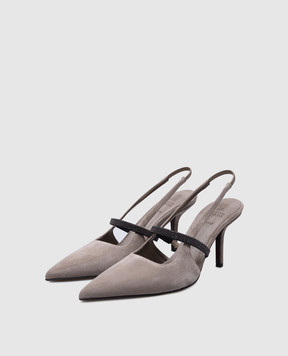 Brunello Cucinelli Gray suede slingbacks with monil chain MZSFC2508