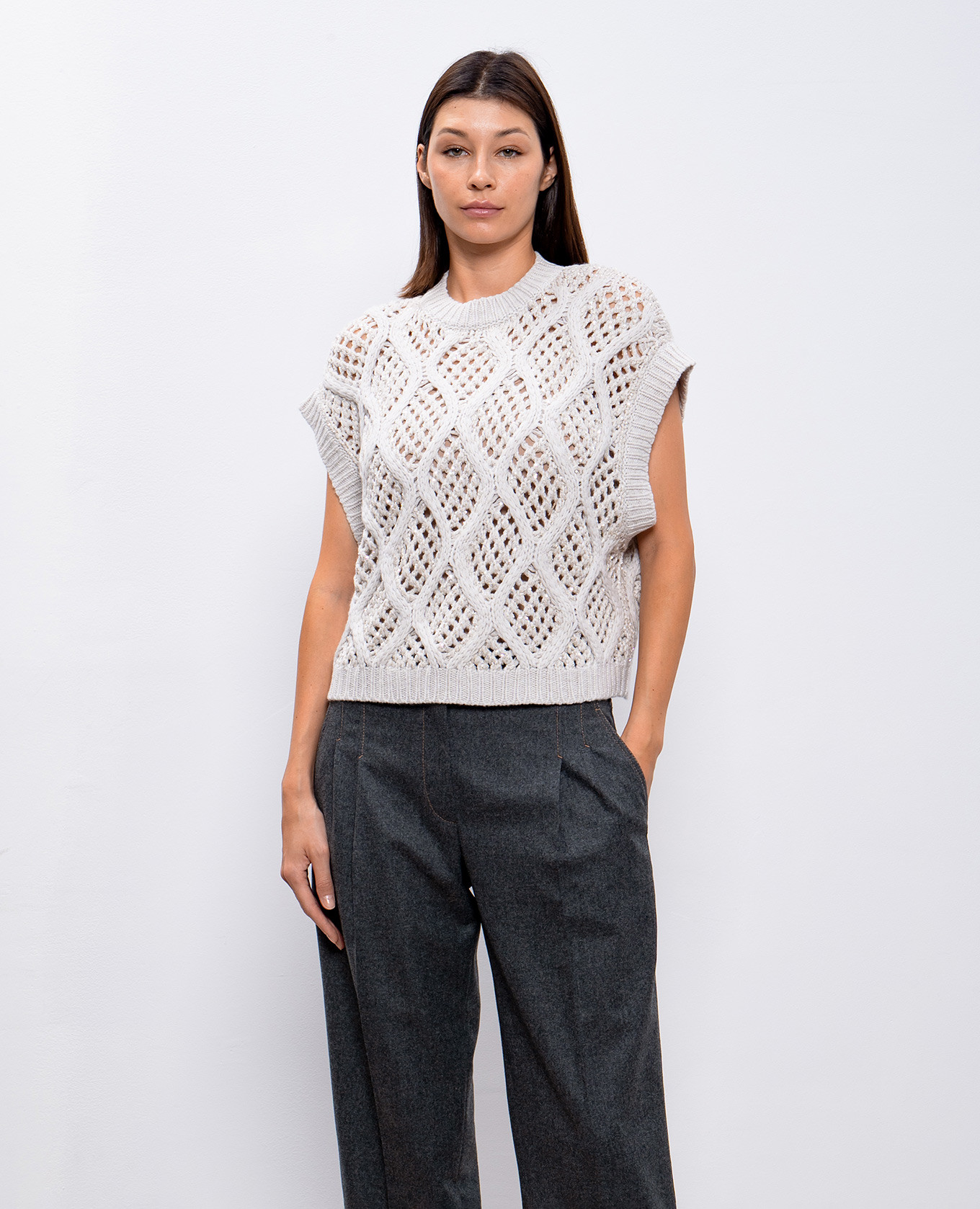 

Gray openwork vest made of cashmere with sequins Brunello Cucinelli, Grey