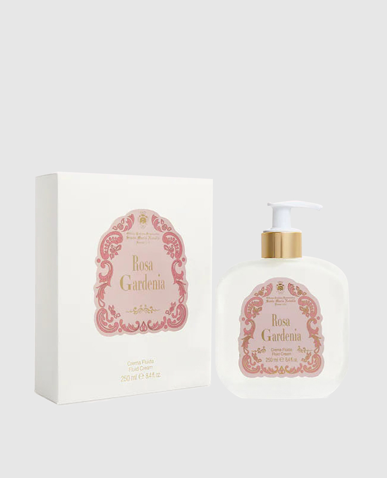 Women's body cream-fluid rosa gardenia in a glass container with a dispenser of 250 ml santa maria novella