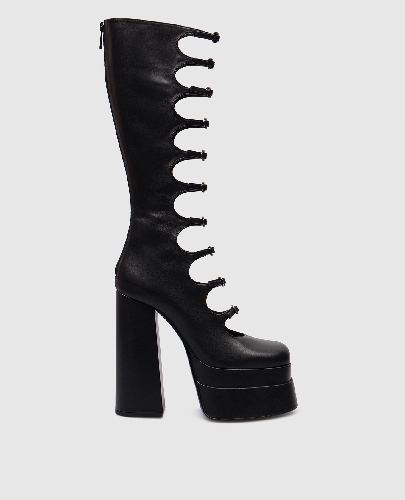 Black leather boots with curved cutouts babe pay pls