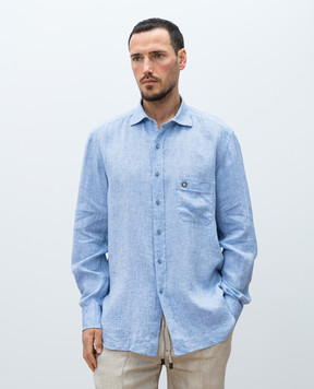 Stefano Ricci Blue linen shirt with logo emblem MC007704BX2922