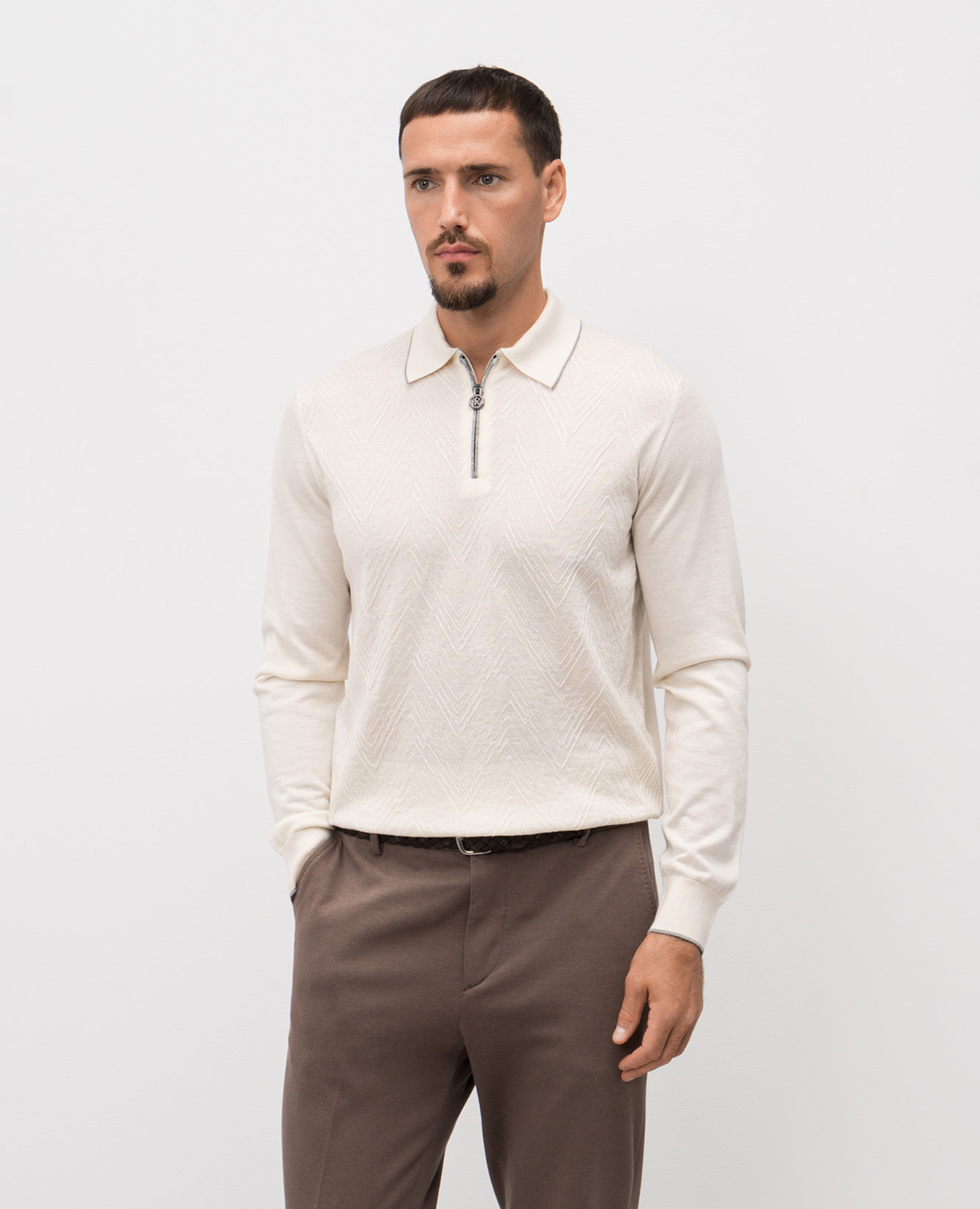 

White cashmere and silk polo shirt with woven pattern Stefano Ricci