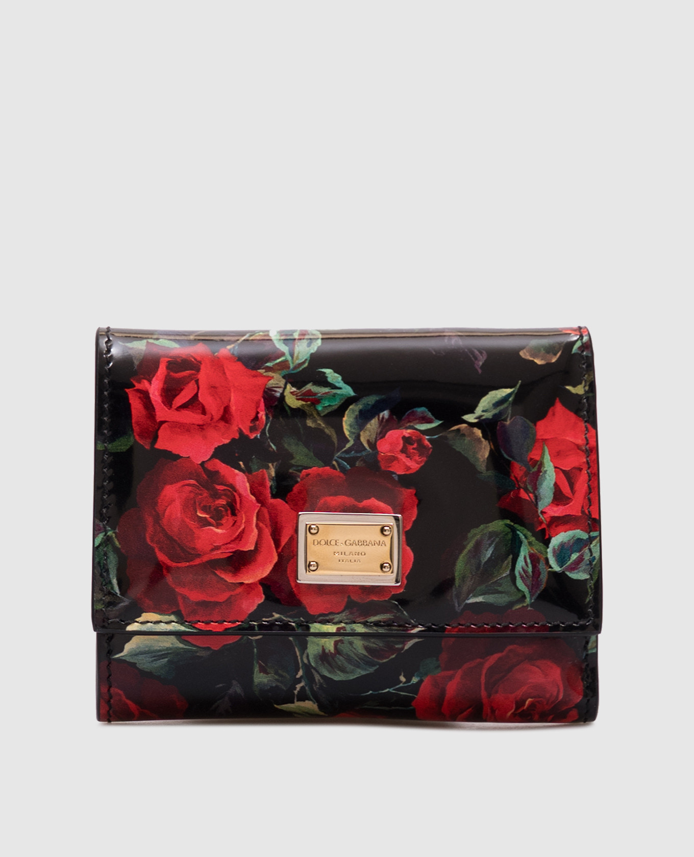

Black glossy leather wallet in floral print with logo Dolce&Gabbana