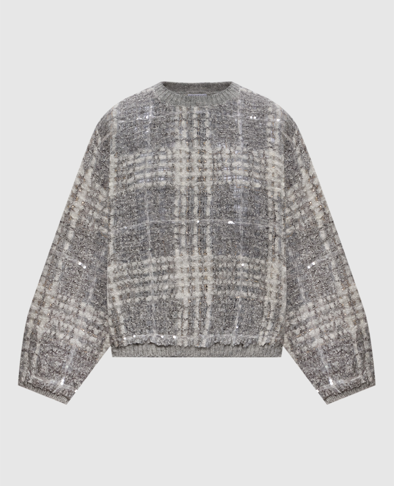 Gray alpaca wool sweater with check pattern Brunello Cucinelli