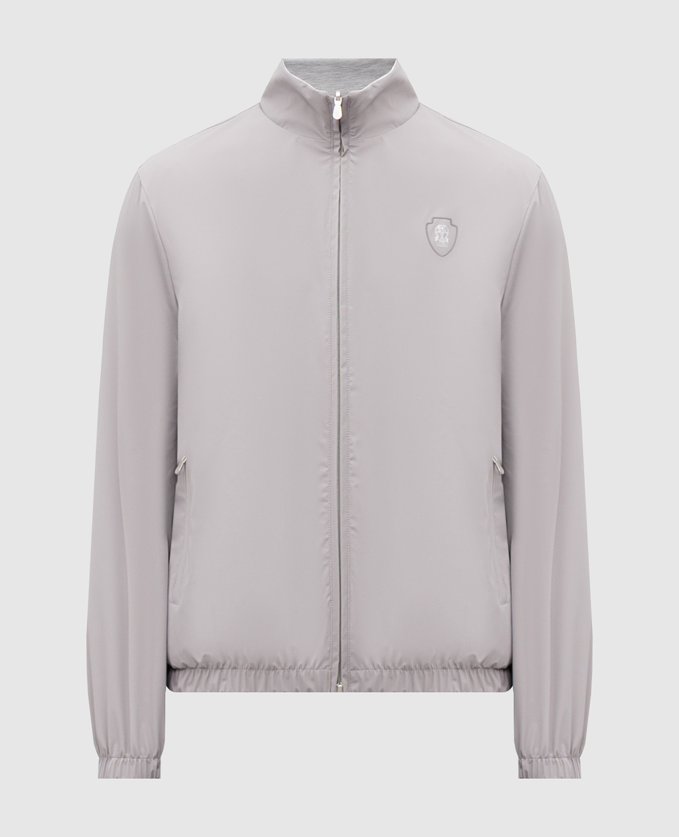 Grey Reversible Silk Jacket with Logo Emblem Brunello Cucinelli