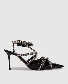 Mach&Mach Black patent leather slingbacks with crystal and beading S083385PAT