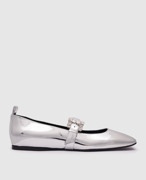 Sergio Rossi Twenty Buckle silver leather ballet flats with crystals B07390MVIL01