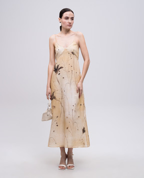 Peserico Yellow dress with a floral print sash E02479D04764
