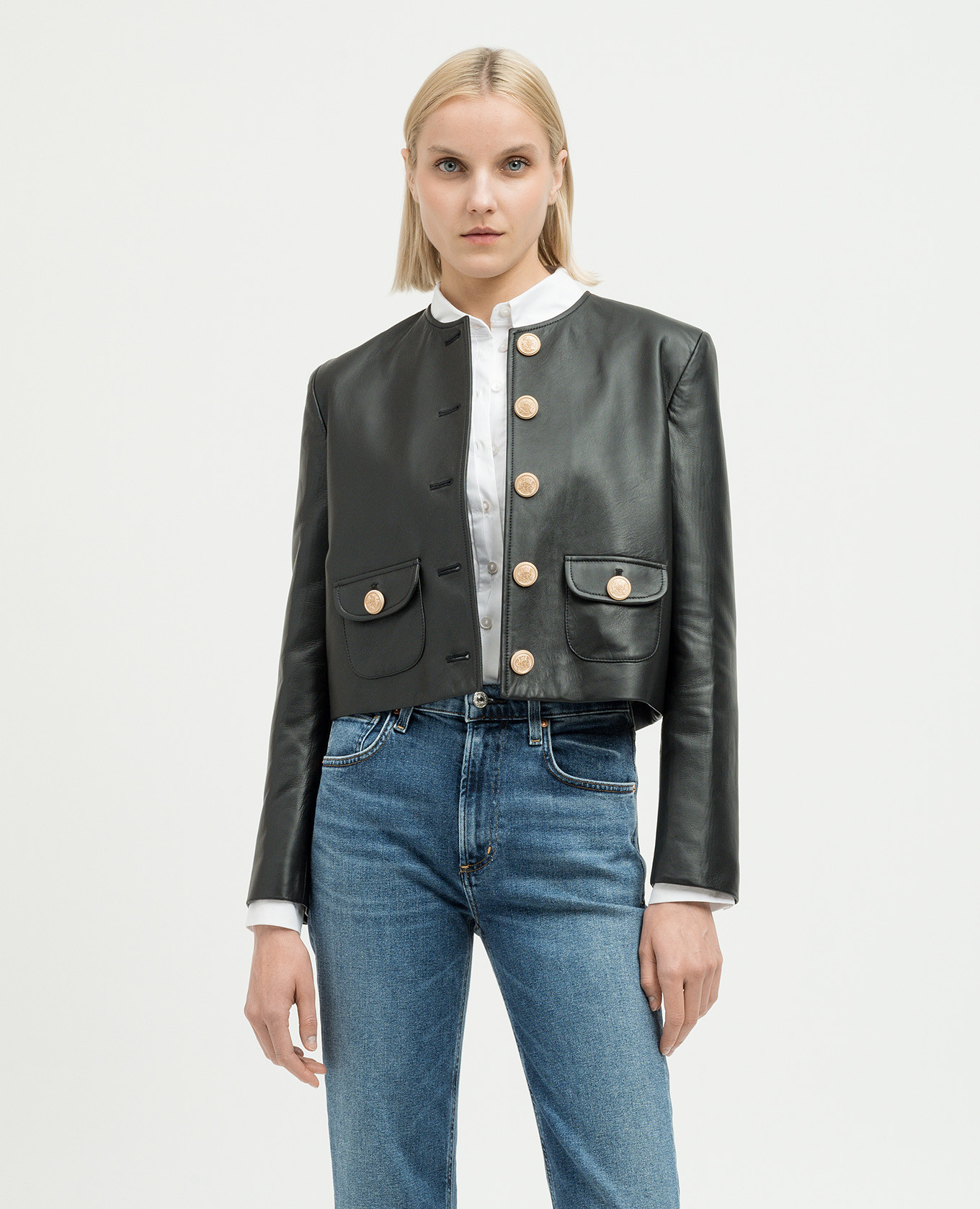 

Black leather jacket with heraldic emblem Babe Pay Pls