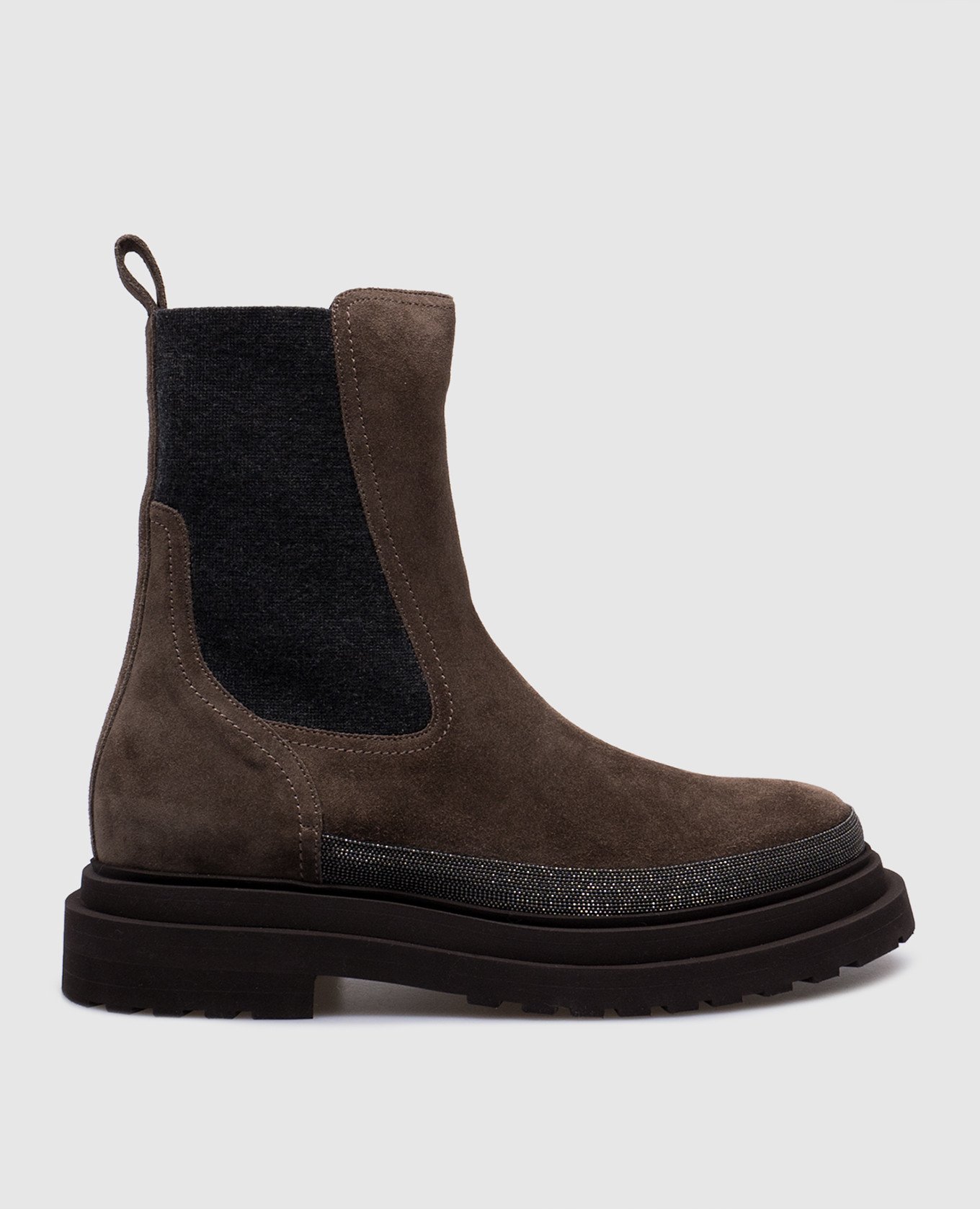 Brown suede chelsea boots with monil chain brunello cucinelli