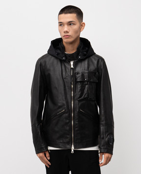 C.P. Company Black leather jacket with logo patch MOW297A110457L