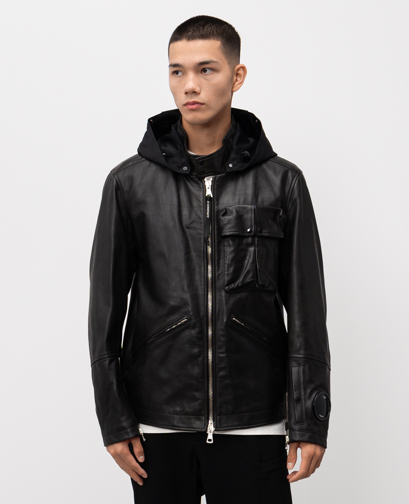 

Black leather jacket with logo patch C.P. Company