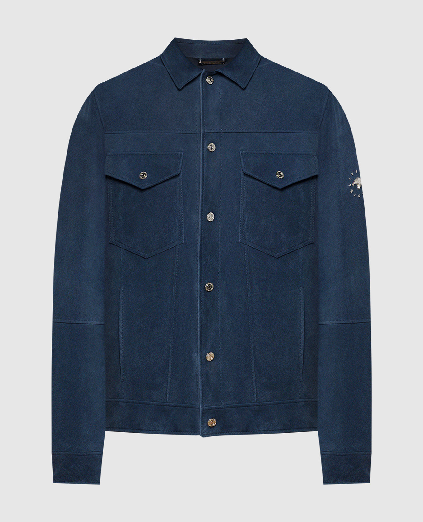 

Blue suede jacket with metallic logo patch Stefano Ricci