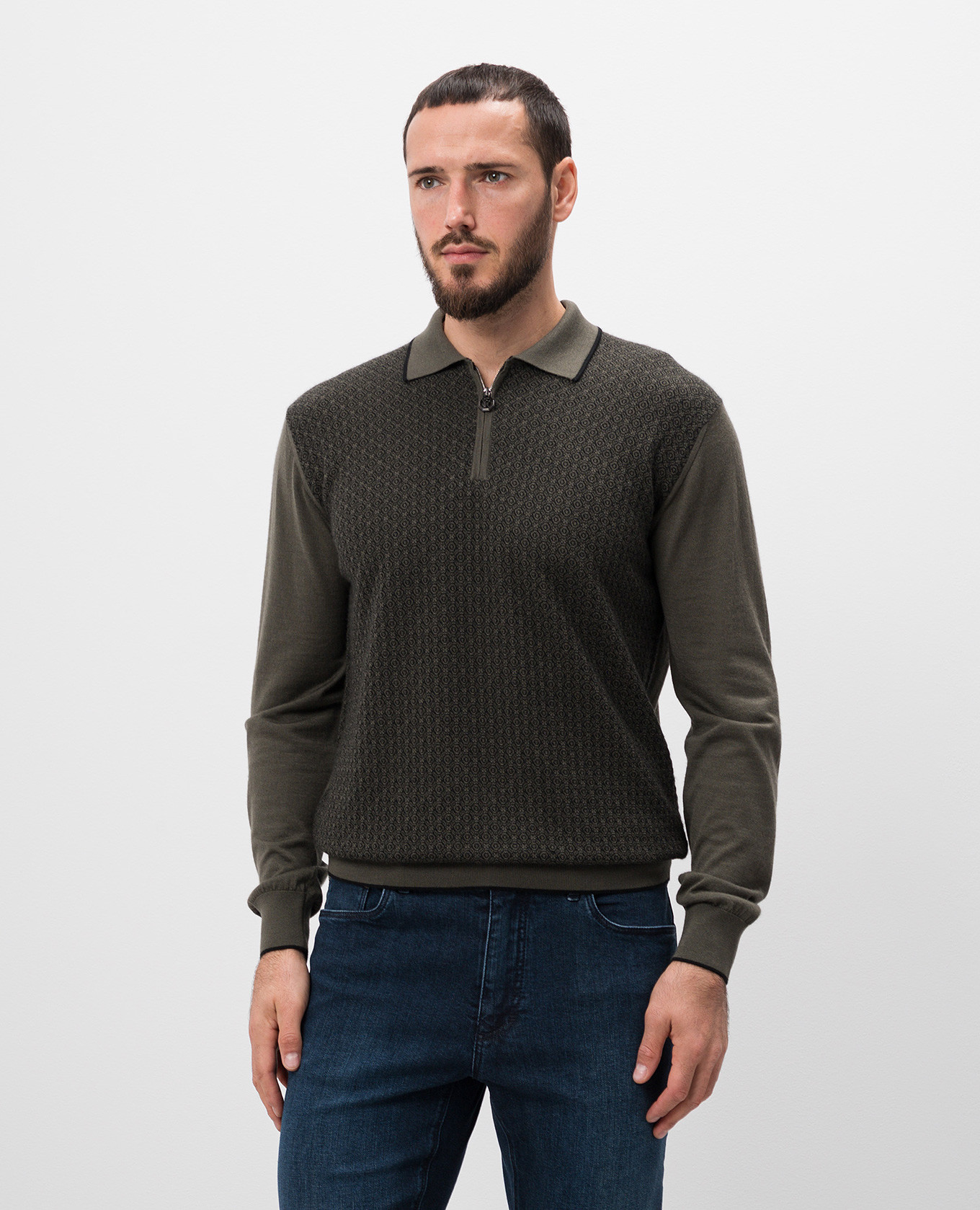 

Green cashmere and silk polo with patterned metallic logo Stefano Ricci