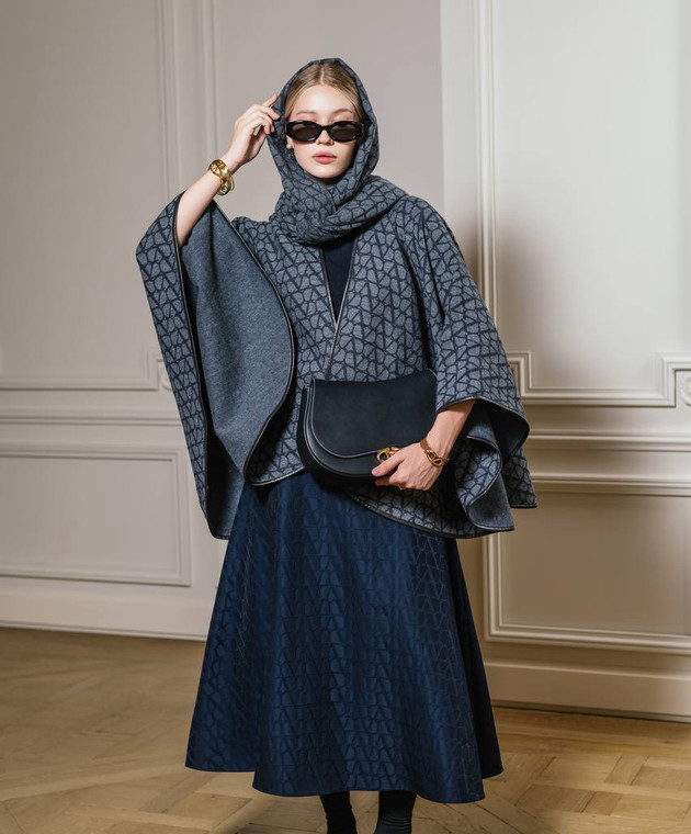Valentino - Gray wool and cashmere poncho with Toile Iconographe
