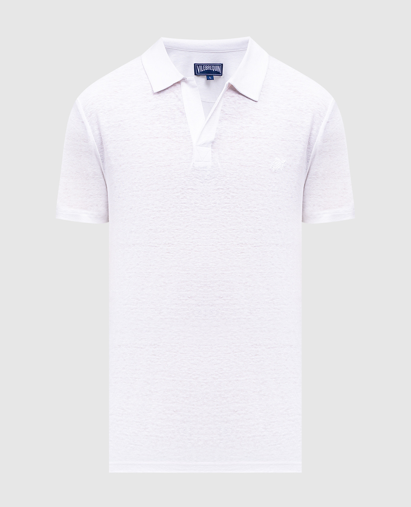 White linen jersey polo with embroidered logo emblem