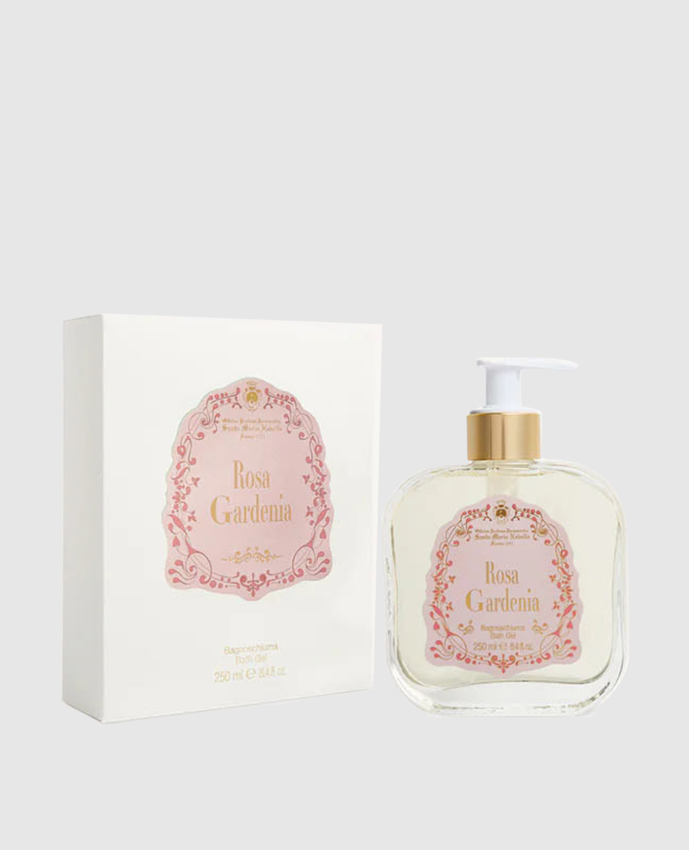 Women's shower gel rosa gardenia in a glass container with a dispenser of 250 ml santa maria novella