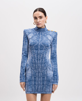 Balmain Blue jacquard mini sheath dress EF1R8237KH80