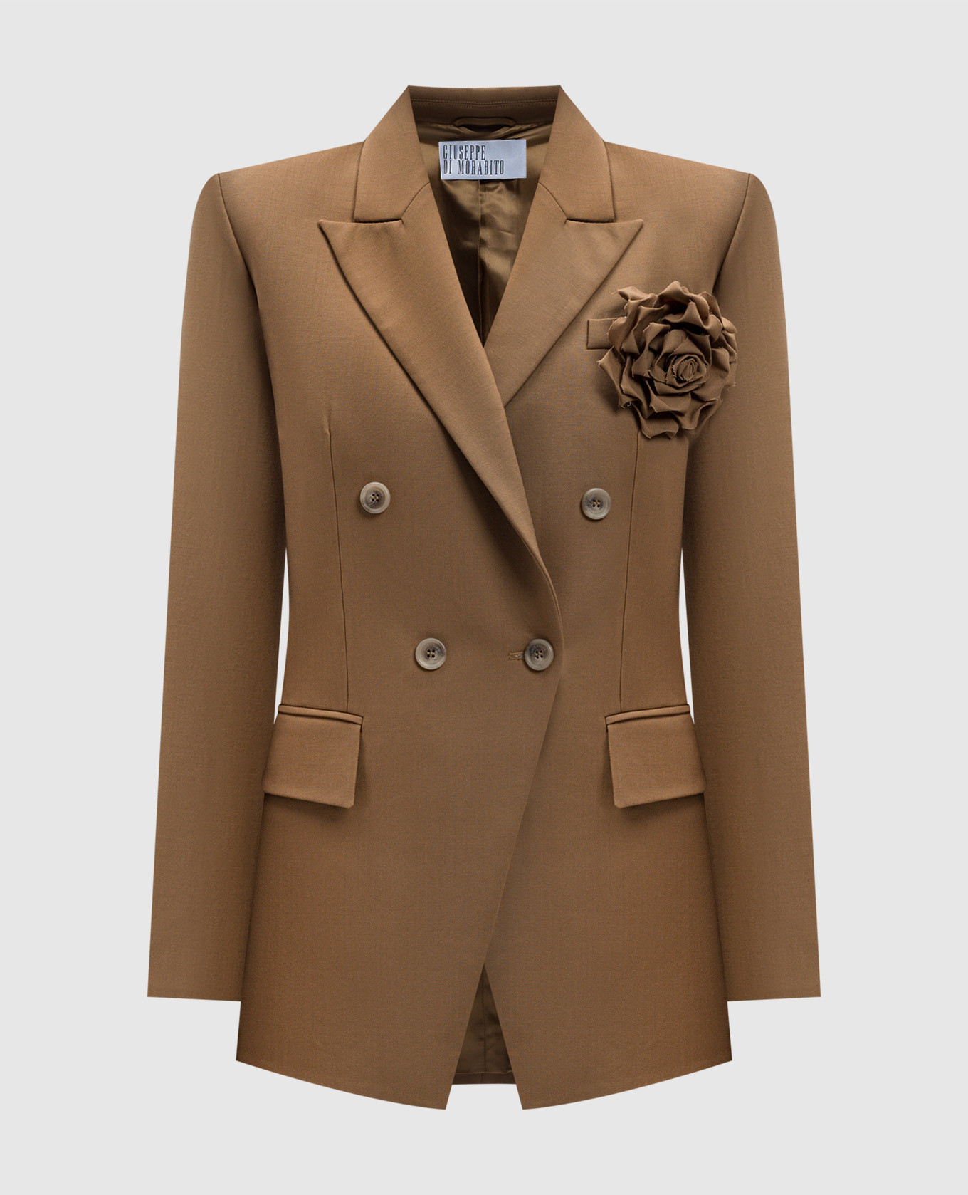 Brown double-breasted jacket made of wool with a brooch giuseppe di morabito milano