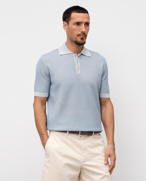 Agnona Blue polo shirt with patterned silk K309U557N1210