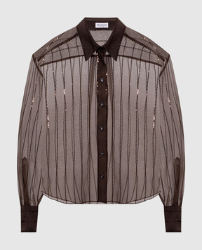 Brunello Cucinelli Brown silk blouse with sequin stripes MP940RI506