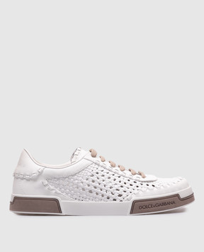 Dolce&Gabbana Portofino Yacht White Leather Woven Sneakers with Logo A20195A9T93
